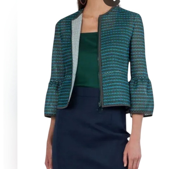 AKRIS PUNTO Striped Mesh Bell Sleeve Green and Blue Jacket women’s size 14 - Picture 2 of 15